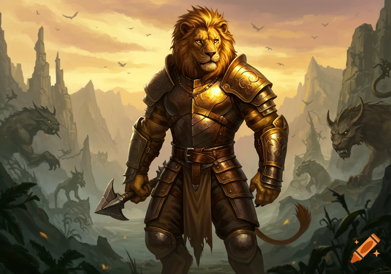 A majestic lion-headed warrior in ornate golden armor stands in a desolate, mountainous landscape with monstrous creatures in the background at sunset.
