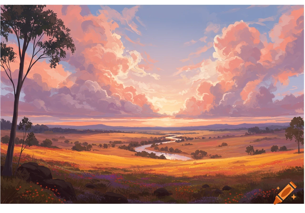 Vibrant painted landscape at sunset with pink and orange clouds, a winding river through golden fields, and a lone tree.