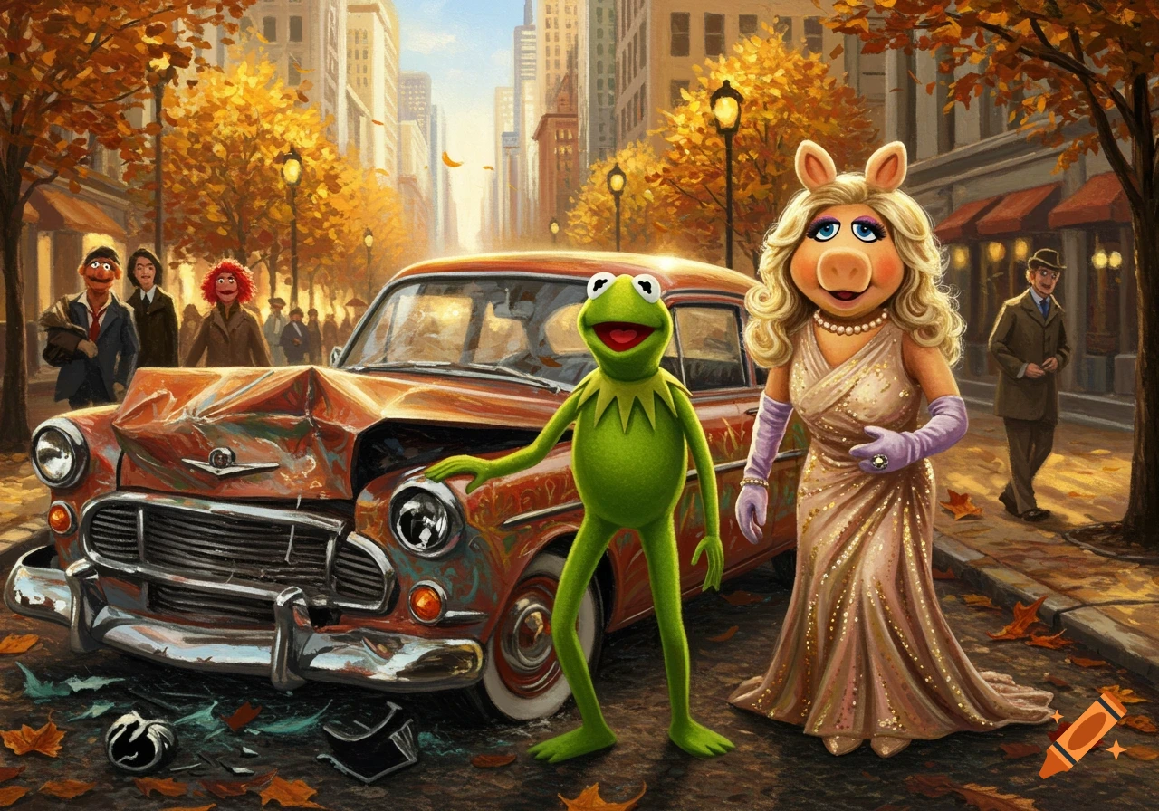 Kermit the Frog and Miss Piggy stand next to their crashed orange car on an autumn city street, painted in an illustrative style.