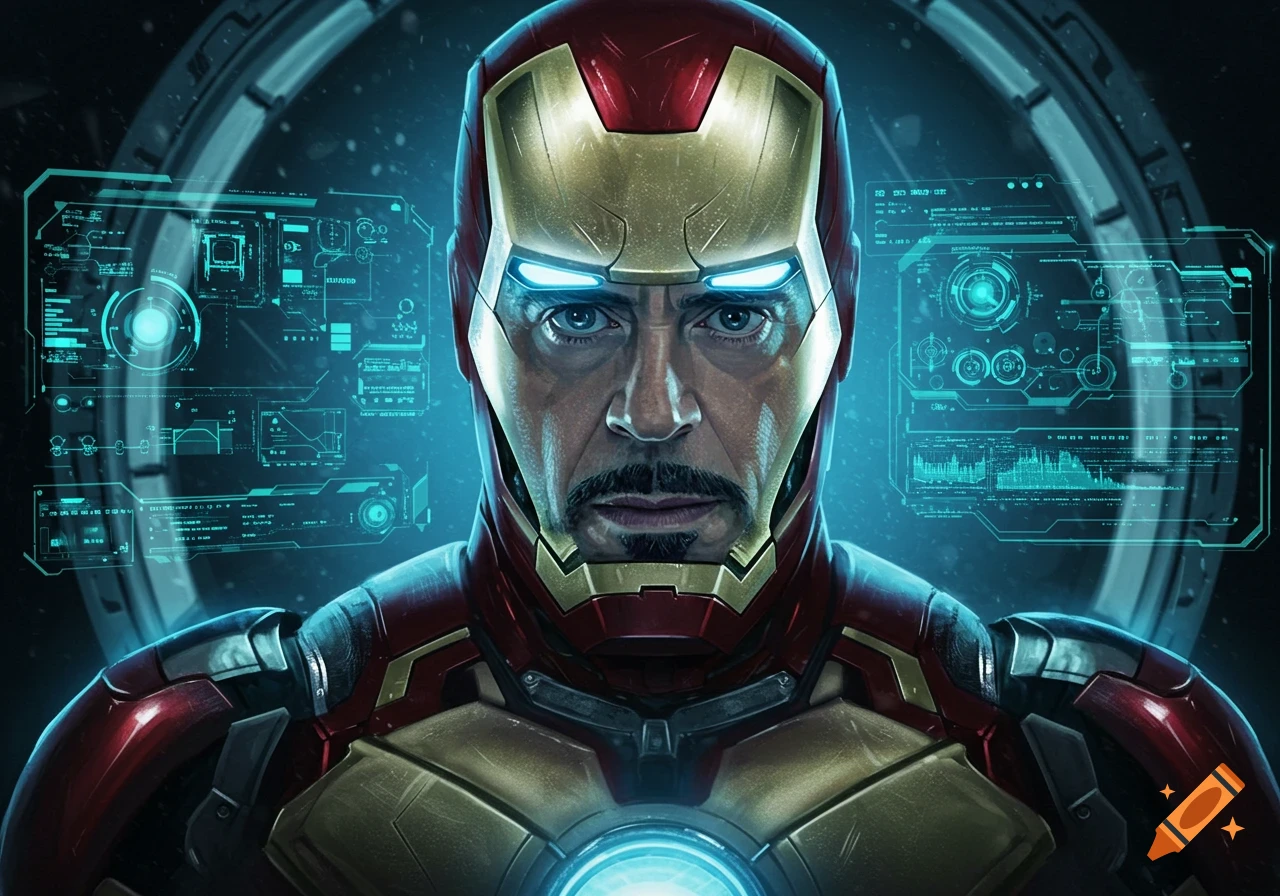 Close-up portrait of Tony Stark's face looking forward, half-inside the Iron Man helmet, with blue holographic interfaces surrounding him.
