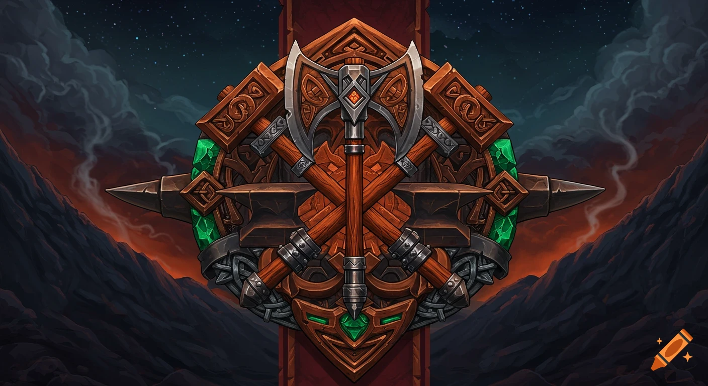 Ornate fantasy banner with crossed axes and anvils, detailed with Celtic knots and glowing green gems, against a dramatic mountain landscape.