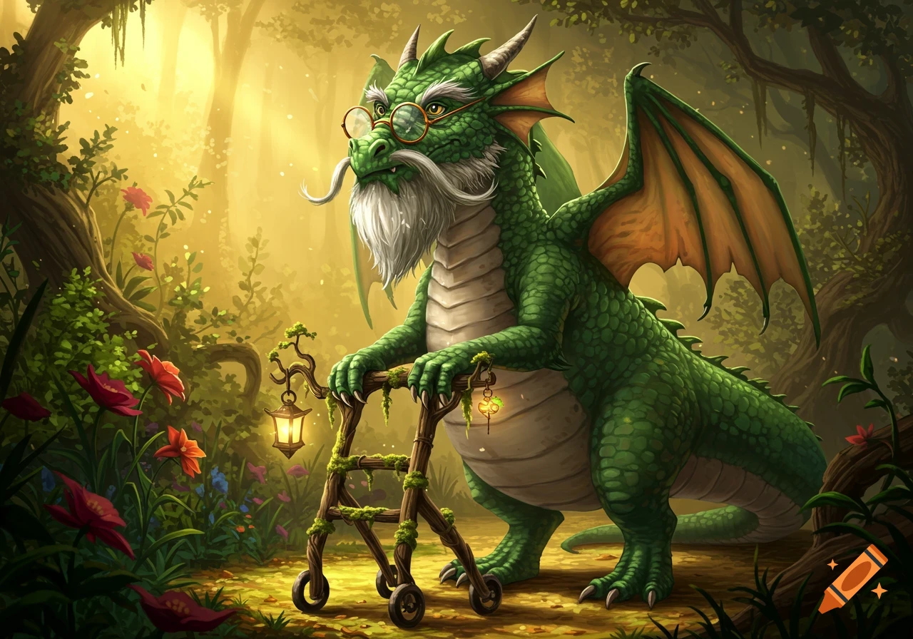 An elderly green dragon with a white beard and glasses uses a mossy wooden walker in a sunlit fantasy forest.