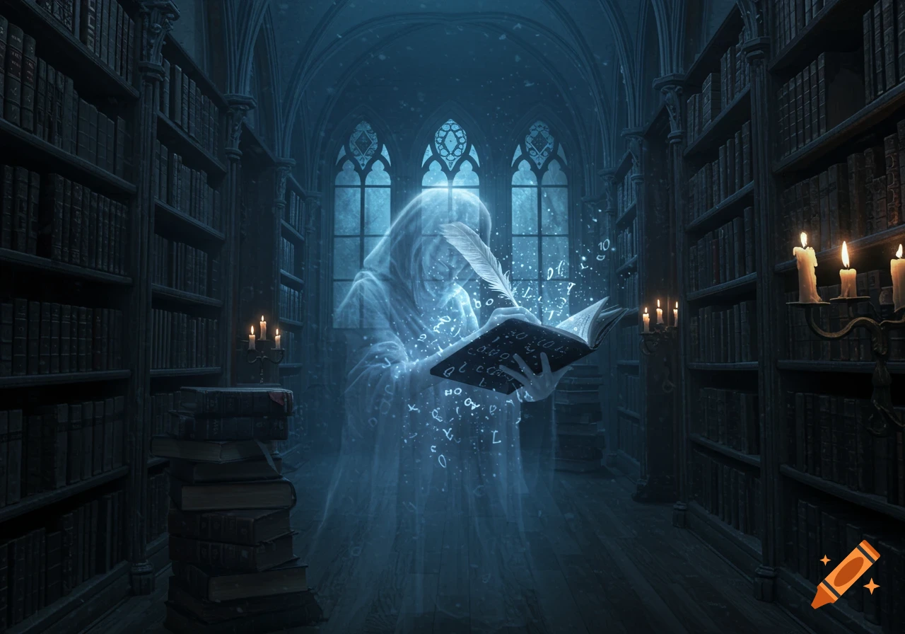 An ethereal ghost in a hooded robe writes in a glowing book with a quill, surrounded by floating letters and numbers, within a dimly lit, Gothic library.