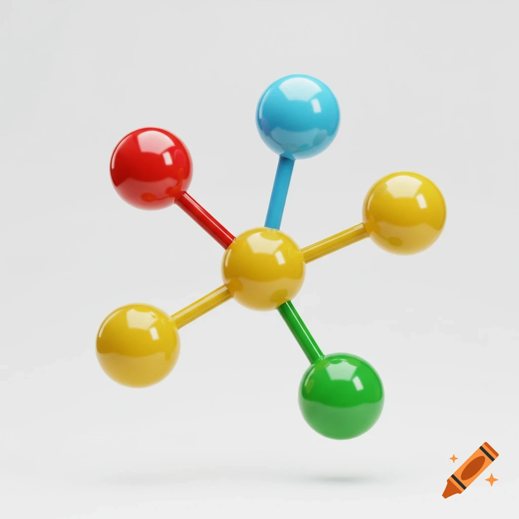 A 3D render of a colorful molecular model with a central yellow sphere connected to five other spheres by rods against a white background.