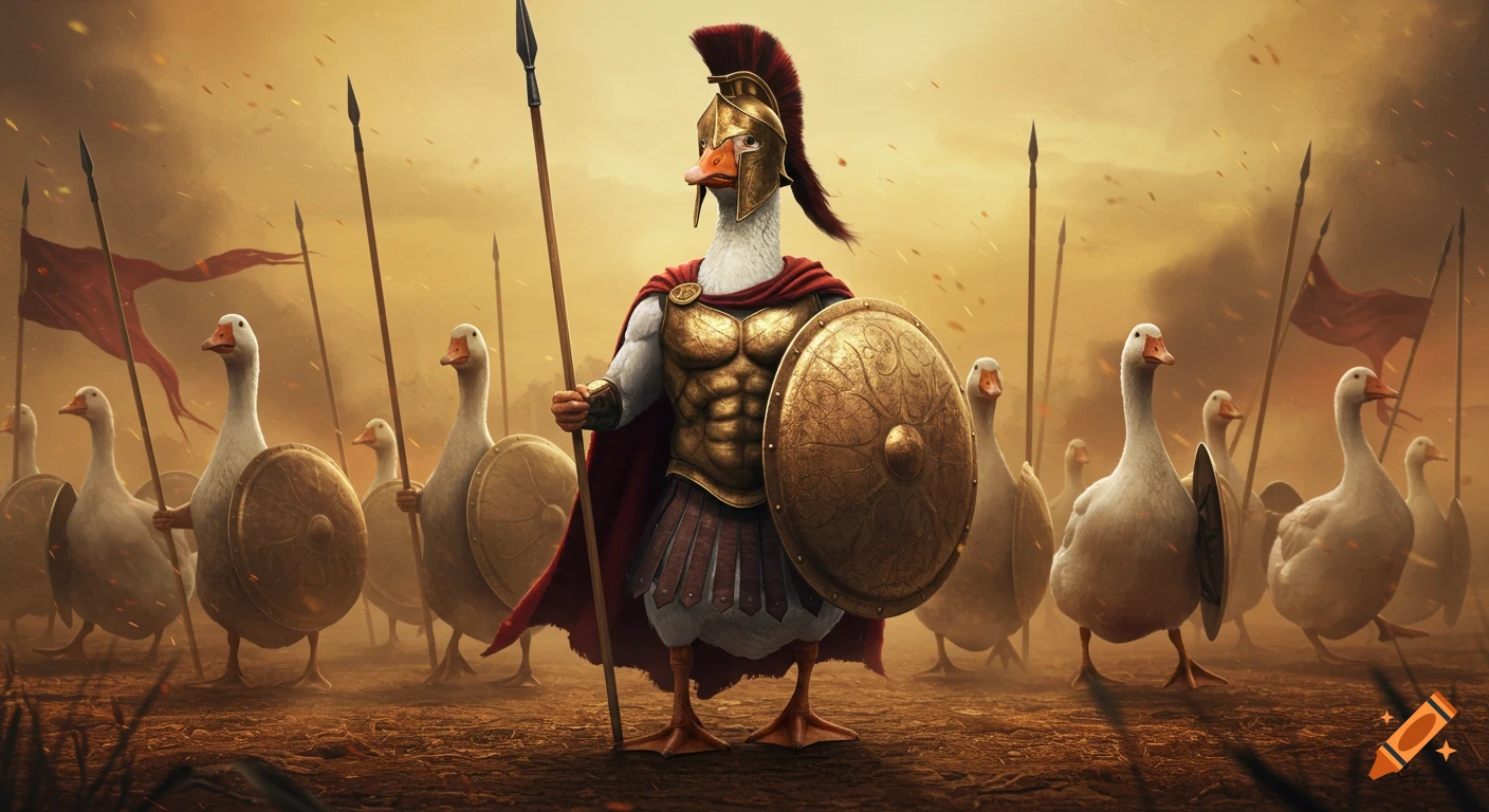 A goose in full Spartan armor, holding a spear and shield, leads an army of geese with shields and spears across a dusty battlefield.