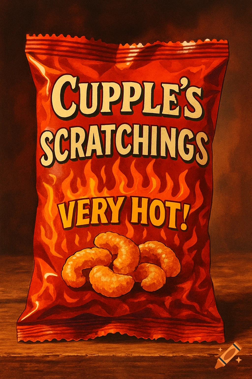 A vibrant red bag of 'Cupple's Scratchings Very Hot!' with orange snacks, against a dark background.