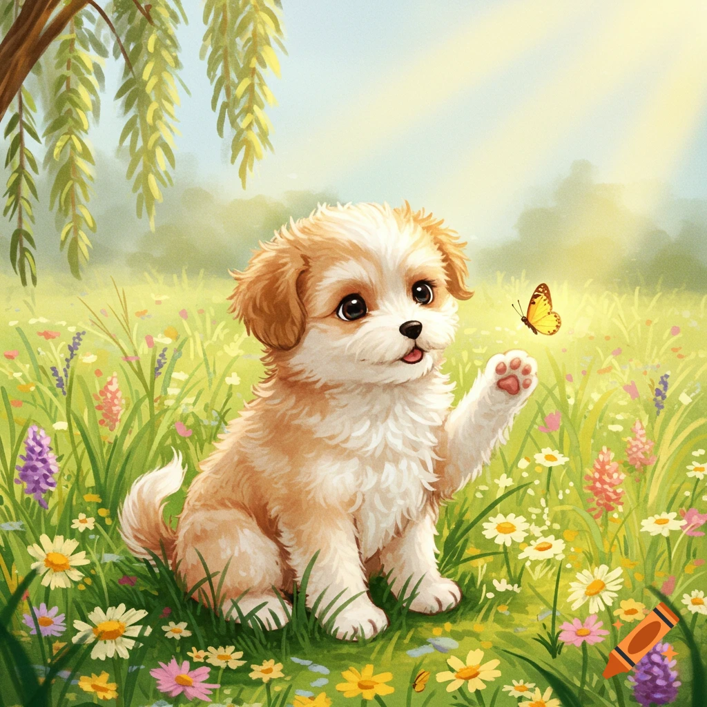 A cute, fluffy puppy sits in a field of colorful wildflowers, playfully raising a paw towards a yellow butterfly in an illustrated style.
