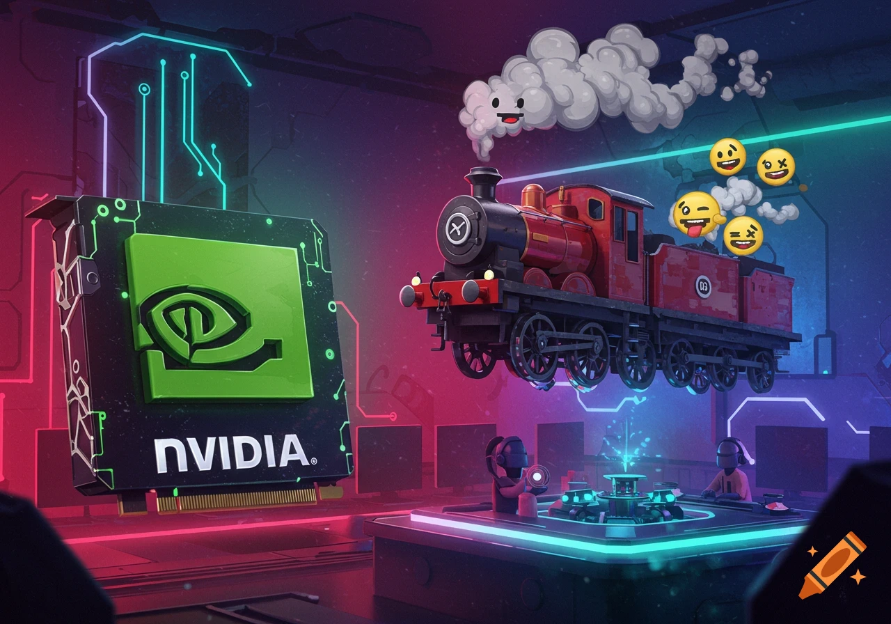 A vibrant cartoon image showing a large NVIDIA GPU, a floating red train emitting smoke and emojis, and two stylized figures at a futuristic gaming desk.