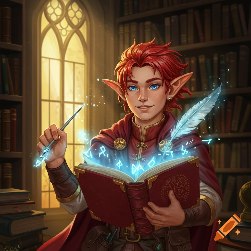 A red-haired elven mage with blue eyes holds an glowing spellbook in a library, a magic quill floating beside them.