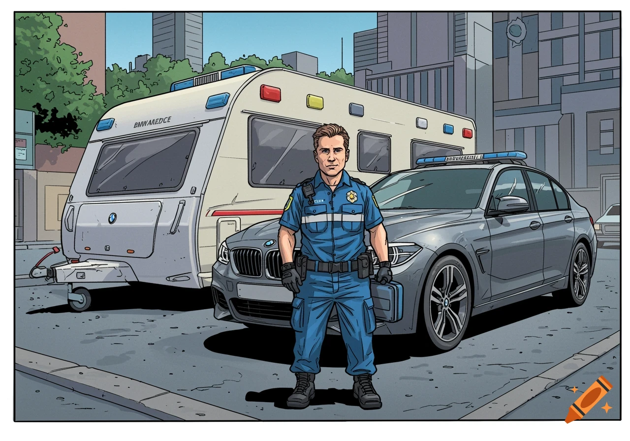 Comic style illustration of a male paramedic standing between a grey BMW car and a white caravan.