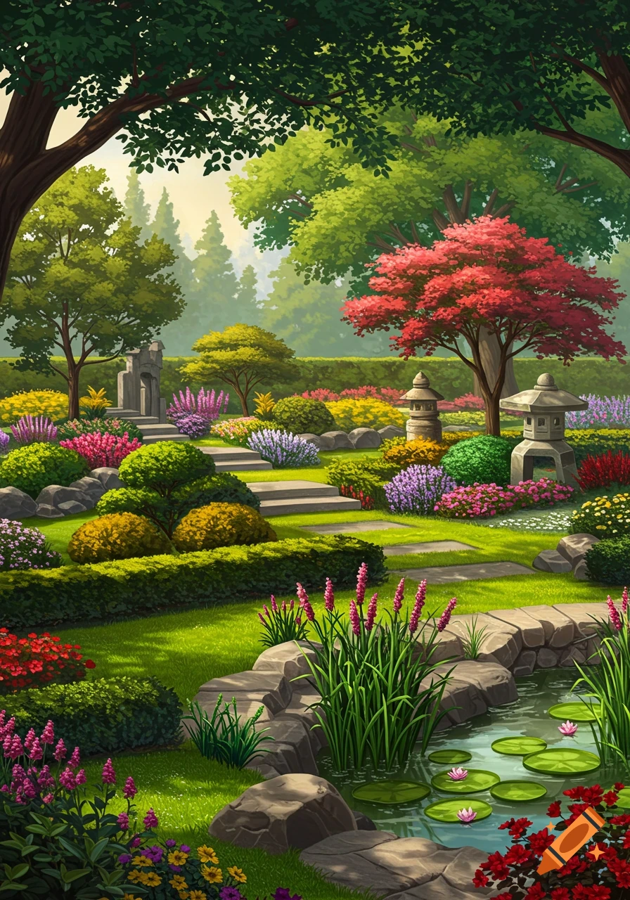 A vibrant and lush Japanese garden with colorful flowers, green trees, stone lanterns, and a pond with lily pads.