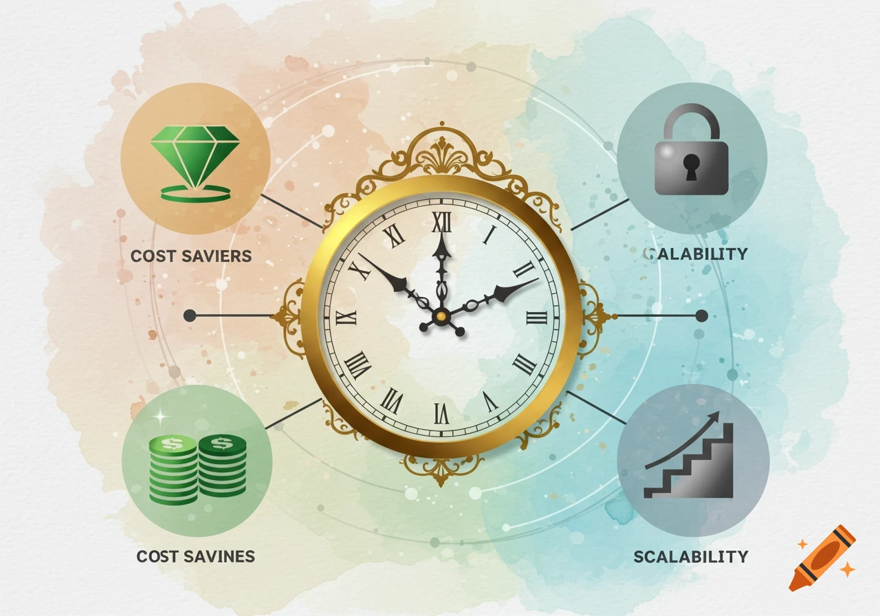 A vibrant infographic features a golden clock at its center, surrounded by icons and text on a watercolor background. Icons represent a green diamond for 'COST SAVIERS', stacked green coins for 'COST SAVINES', a grey padlock for 'GALABILITY', and a grey upward-sloping bar chart for 'SCALABILITY'.