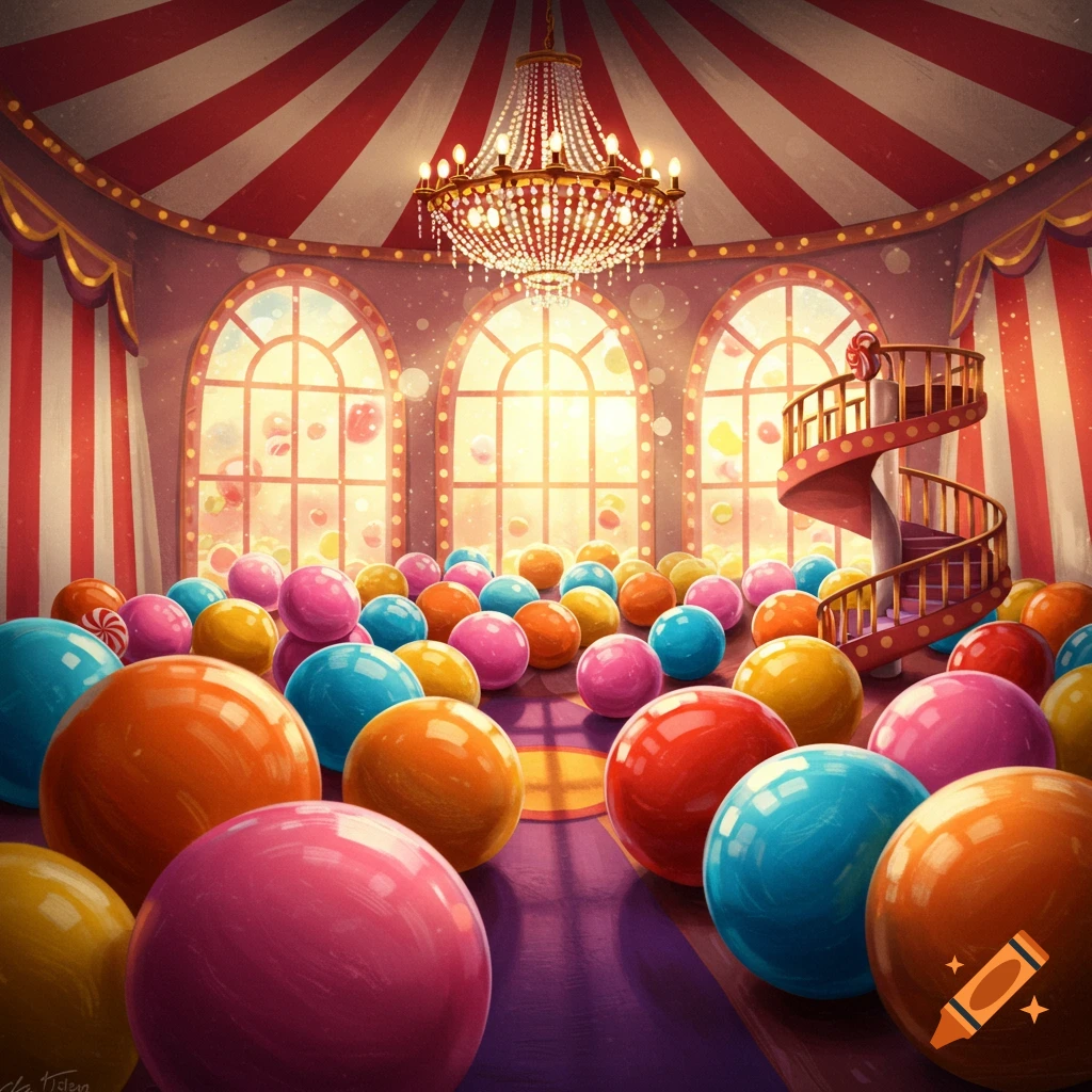 A whimsical, candy-themed room with red and white striped walls, large windows, and a chandelier, filled with vibrant gumballs on the floor.
