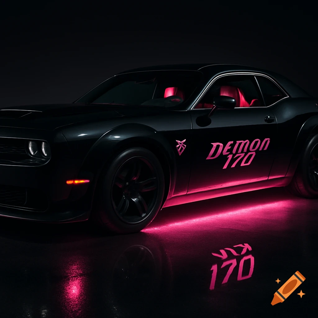 Black Dodge Challenger Demon 170 with pink interior and underglow, featuring a pink Demon 170 logo on the side, photorealistic.