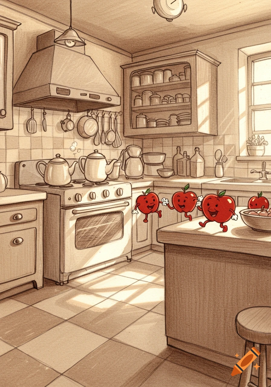 A cartoon pencil drawing of a sunlit kitchen with three personified red apples walking on the counter and another in a bowl.