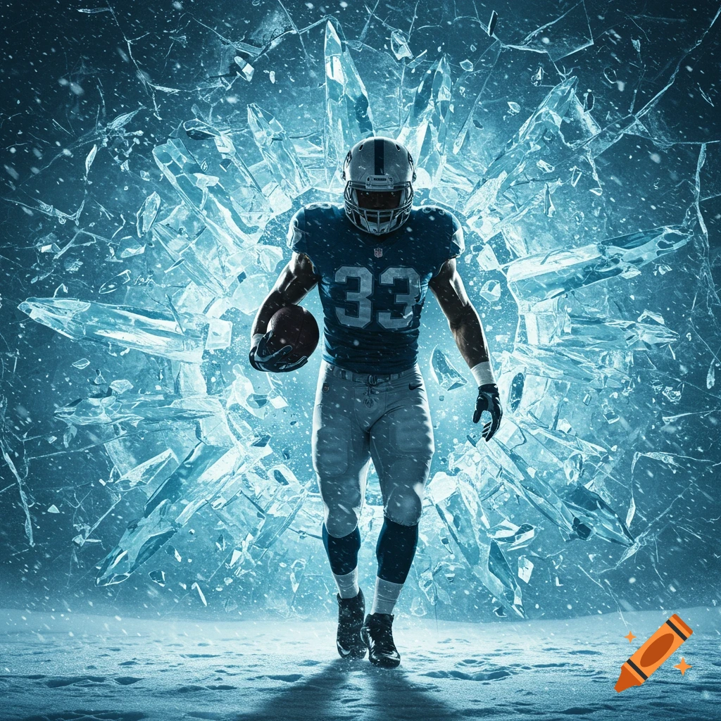 A football player in a blue jersey with number 33 breaking through a shattering ice wall in a snowy, icy environment.
