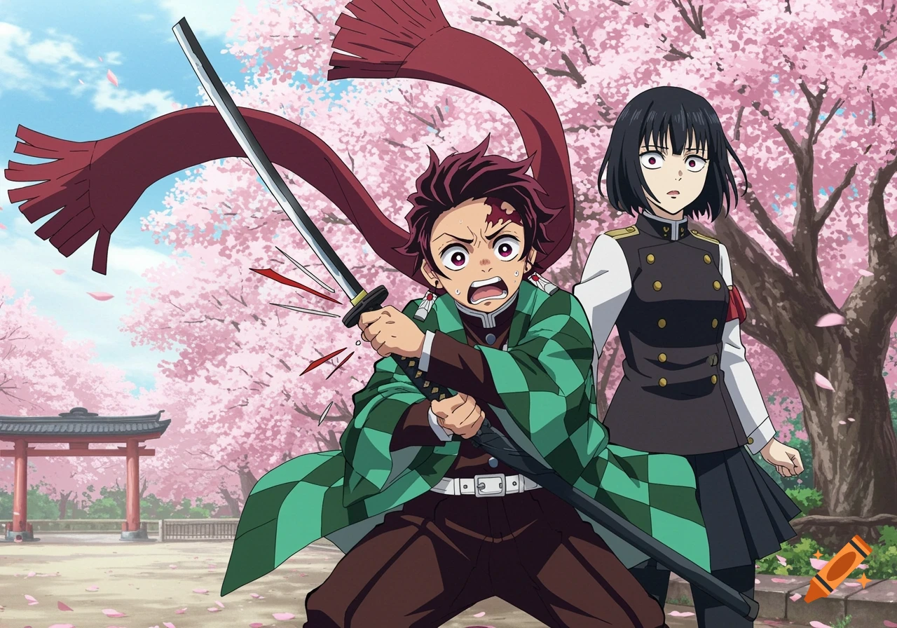 Anime scene of a boy cutting a red scarf with a katana, while a girl looks shocked, in a cherry blossom park.