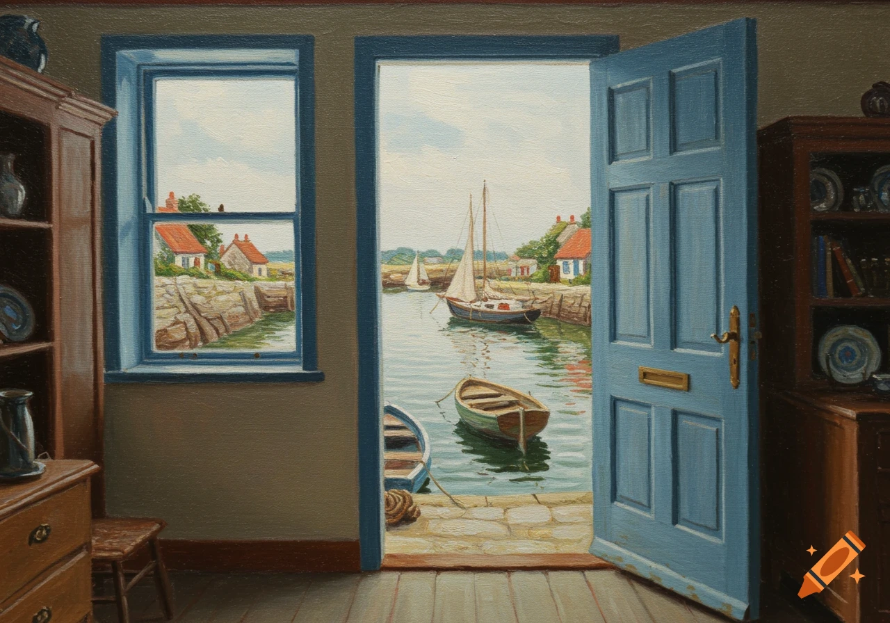 A painting from inside a room with a blue door and window looking out onto a harbor with moored sailboats and cottages on the far shore.