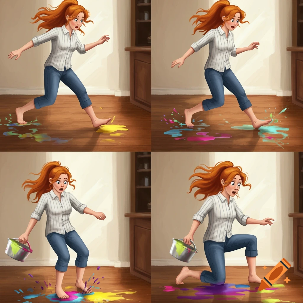 Cartoon of a red-haired woman slipping on colorful spilled paint across four panels.