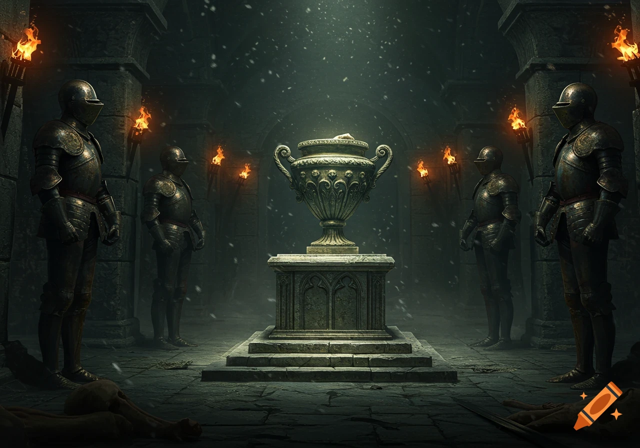 Four suits of armor surround an ornate urn on a pedestal in a torchlit ancient crypt with scattered bones.