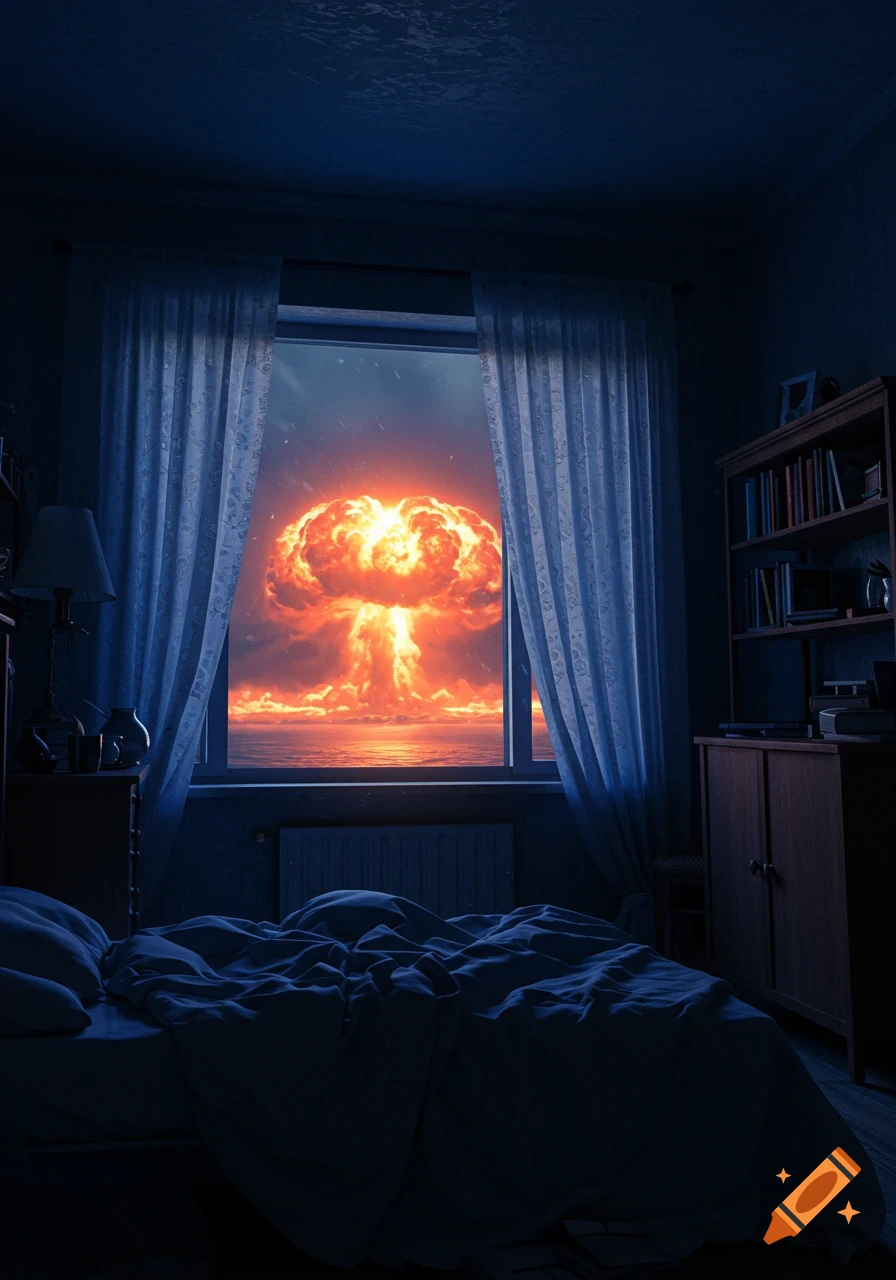 A dark bedroom with an unmade bed, illuminated by a nuclear mushroom cloud explosion visible through the window overlooking an ocean.