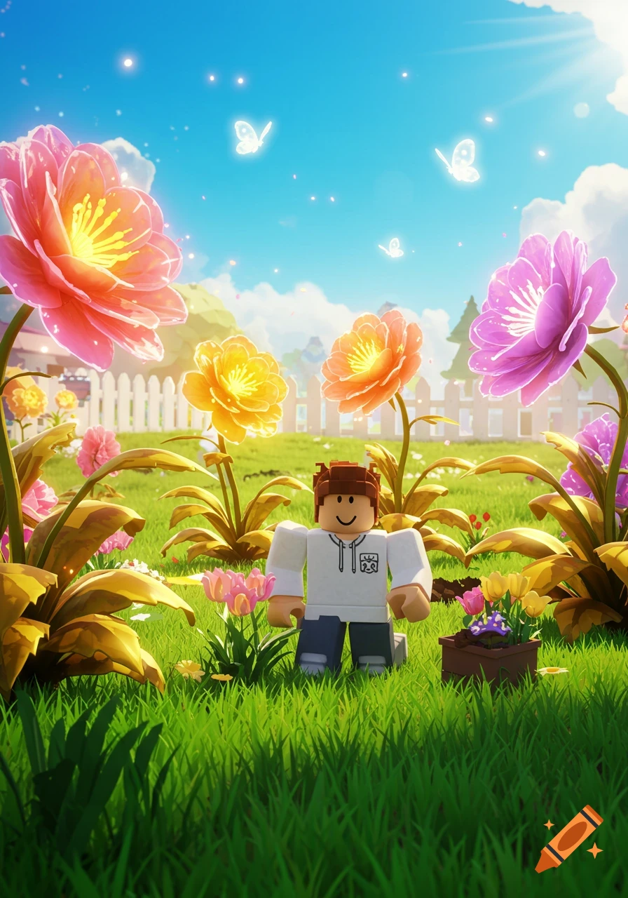 A Roblox character stands in a vibrant, sunlit garden filled with large colorful flowers and glowing butterflies.