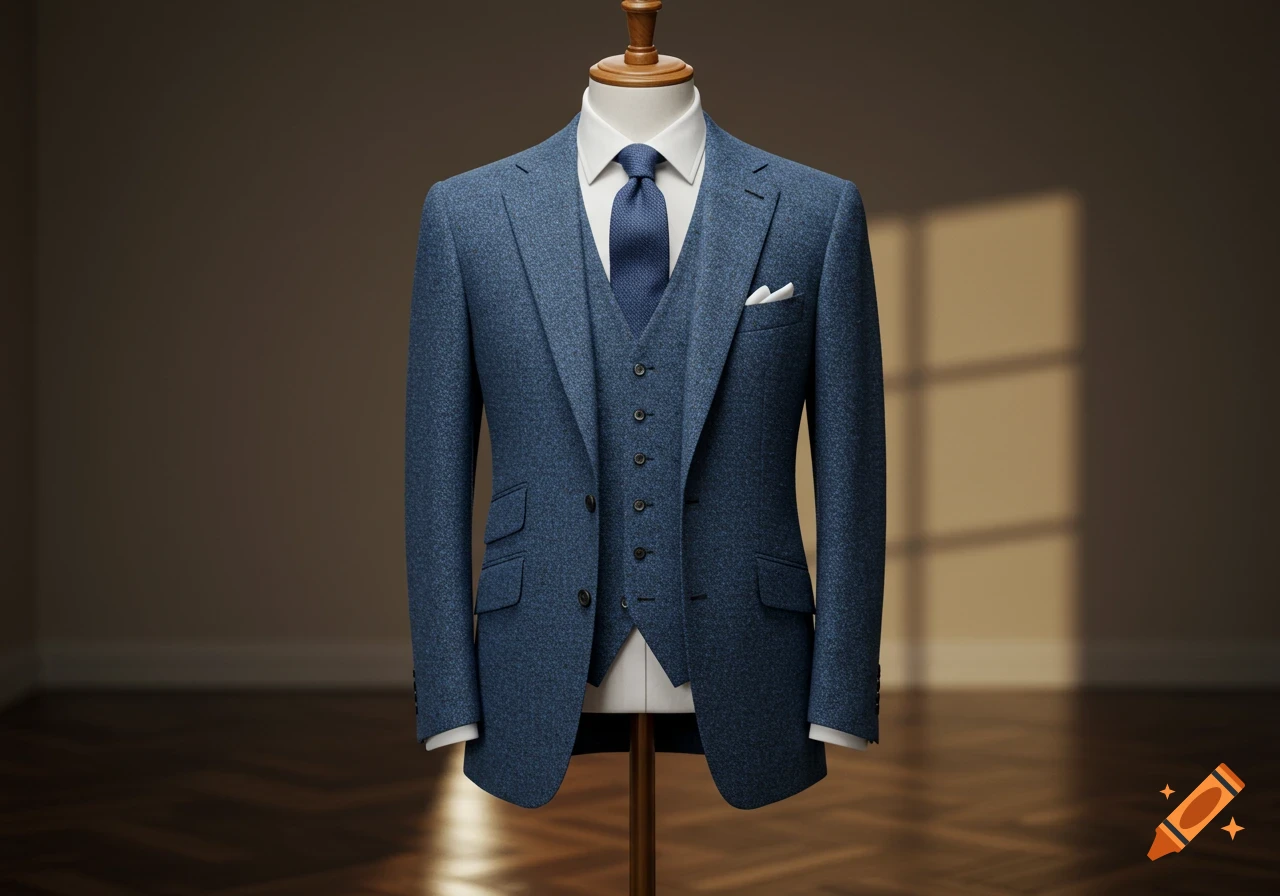 A blue tweed herringbone three-piece suit on a mannequin, set against a brown wall with sunlight.