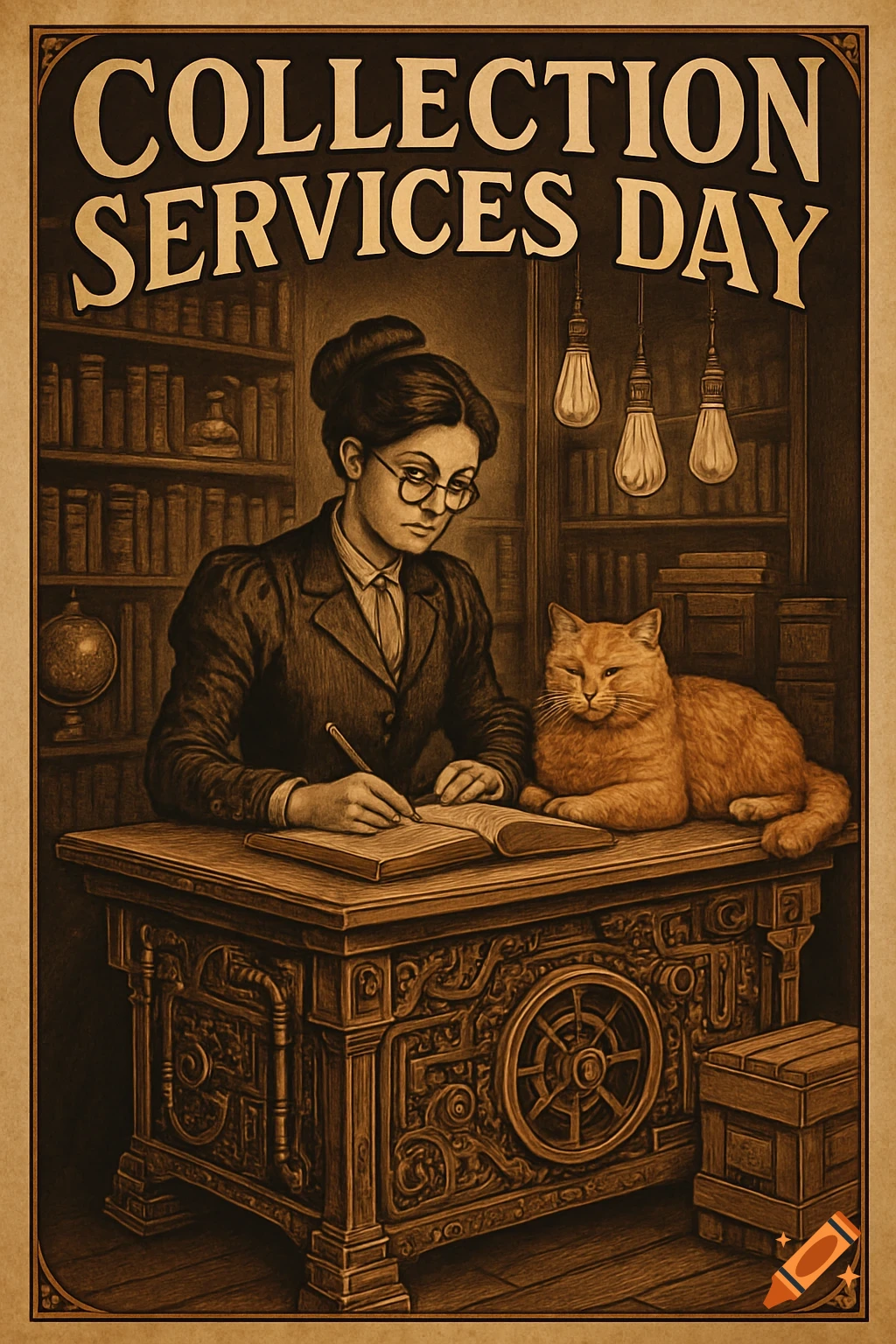 A steampunk-style poster depicts a librarian writing at a desk with an orange cat, surrounded by bookshelves. The text 'Collection Services Day' is at the top.
