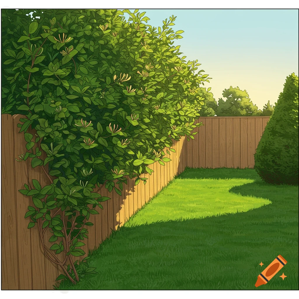 An illustration of a green garden with a tall, dense honeysuckle bush growing beside a wooden fence, with green grass in the foreground under a sunny sky.