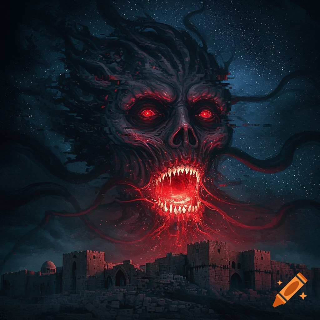 A terrifying, glitchy dark eldritch horror with glowing red eyes and mouth hovers menacingly over a stone citadel at night.