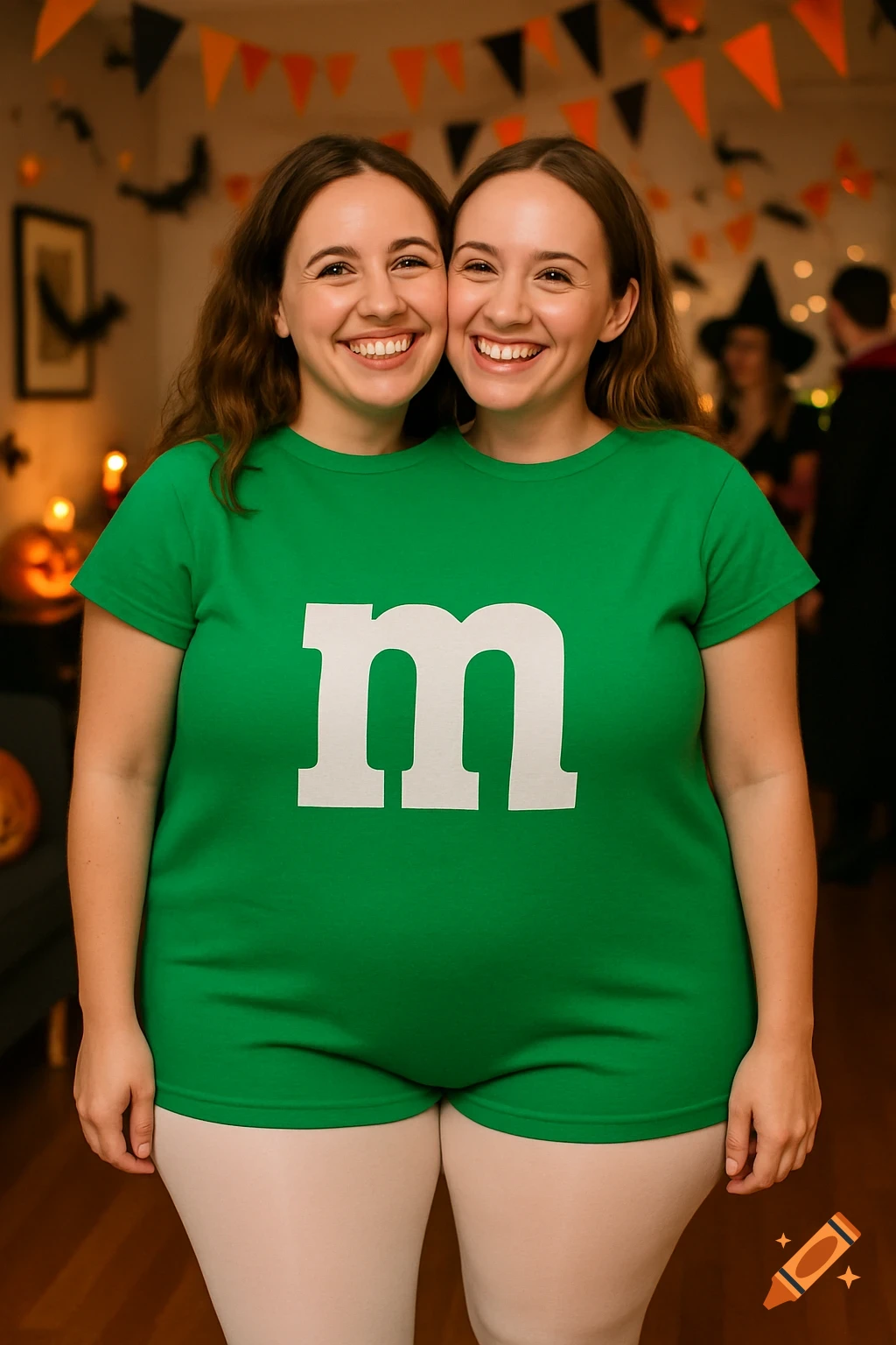 Two smiling women in a green M&M costume with two heads, creating a conjoined illusion at a Halloween party.