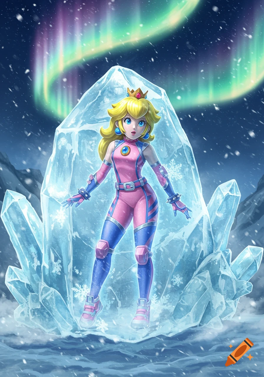 Princess Peach in her pink and blue Mario Strikers Charged outfit, frozen within a large ice crystal in a snowy landscape under a colorful aurora borealis, digital art.