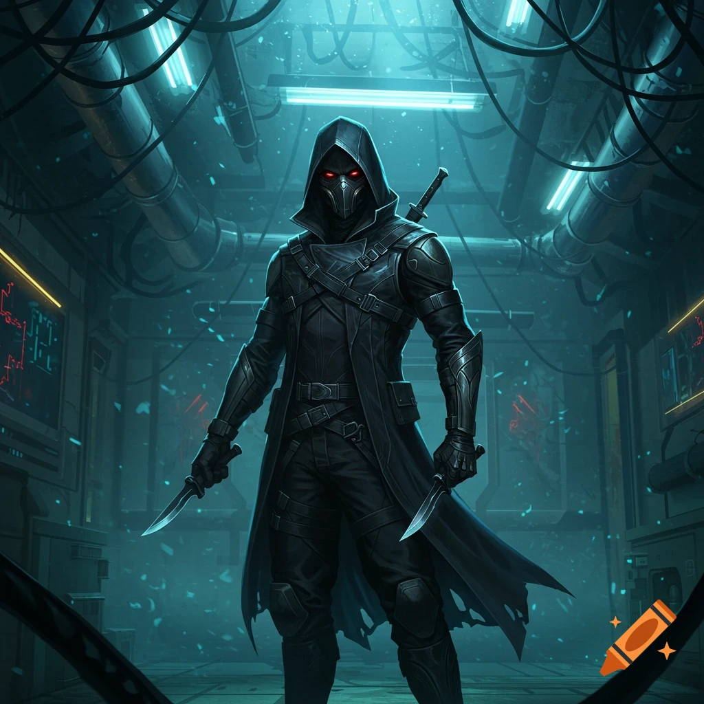 A masked assassin in black, hooded armor stands with knives in a dark, neon-lit industrial environment.