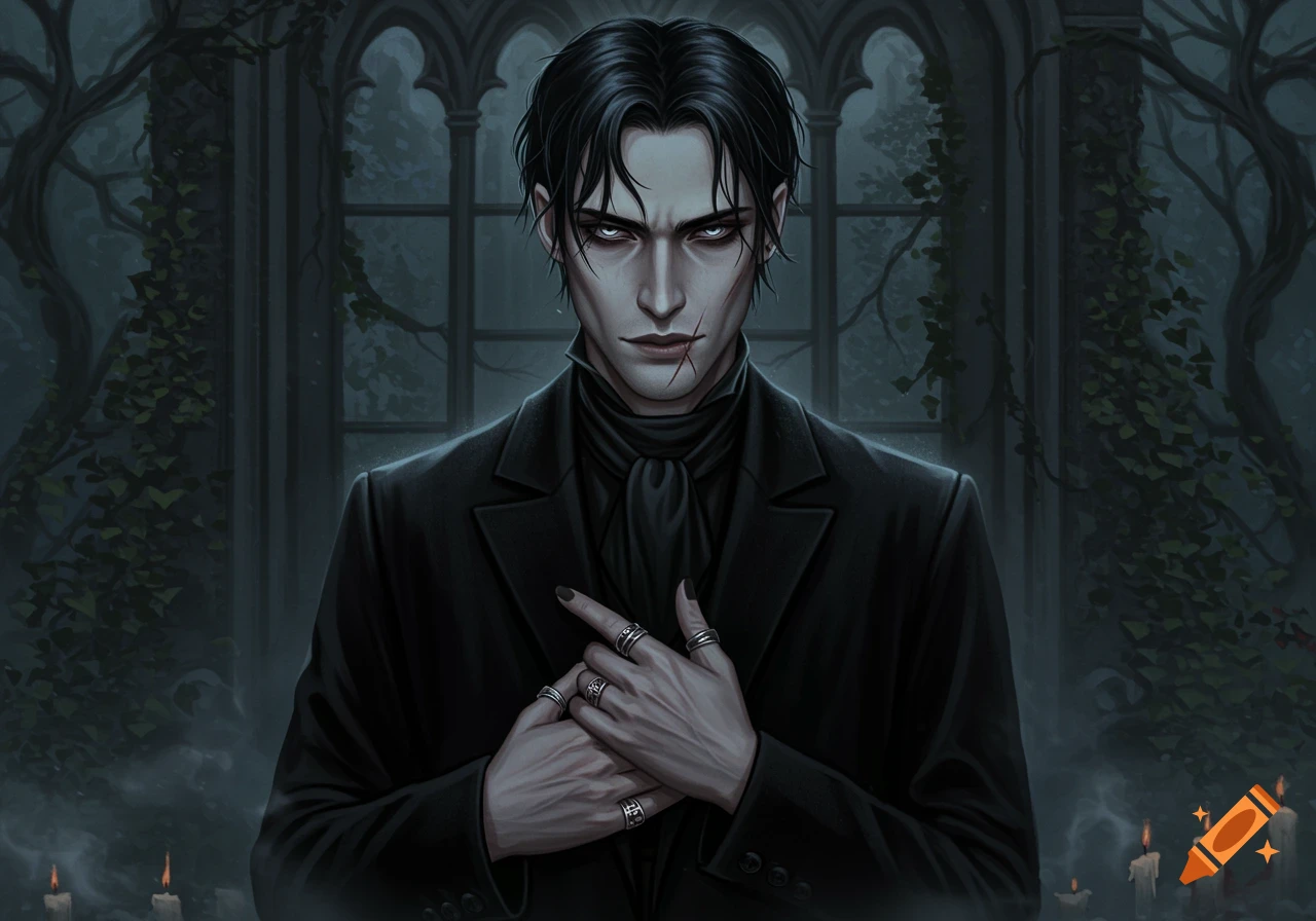 A pale, dark-haired man with scars and rings, wearing a black suit, stands in a gothic manor with ivy and candles.