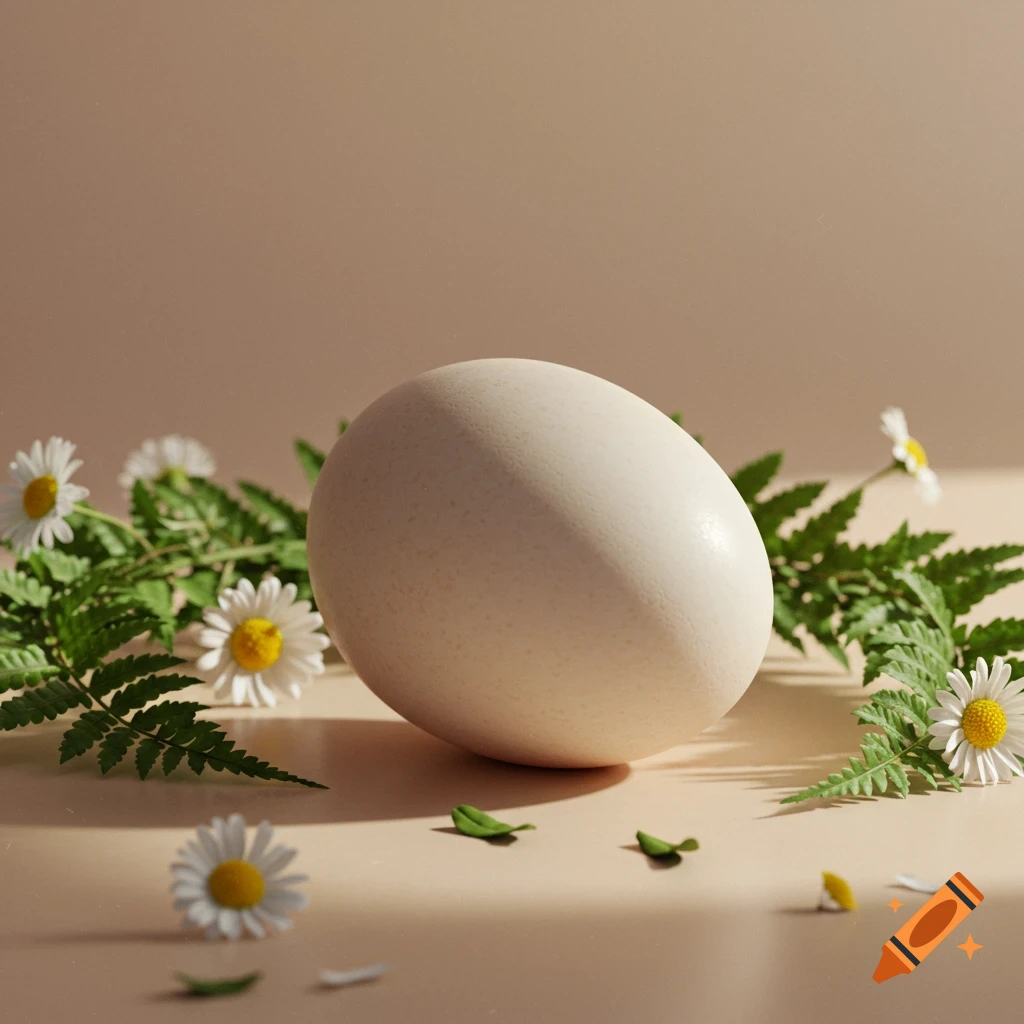A white egg rests on a beige surface surrounded by white daisies and green fern leaves, with soft shadows.