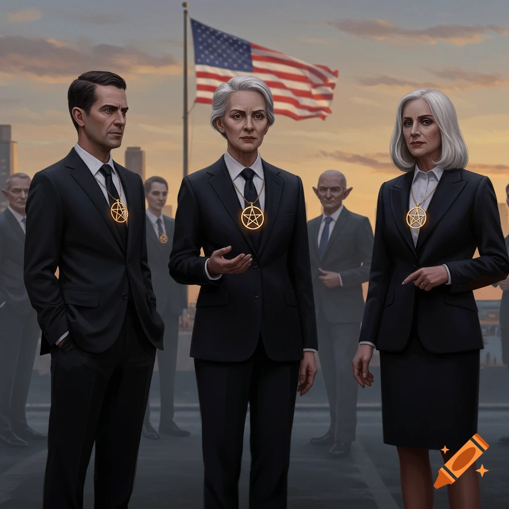 Three people in dark business suits wearing glowing pentacle necklaces stand in front of an American flag at sunset. Other suited figures are in the background.
