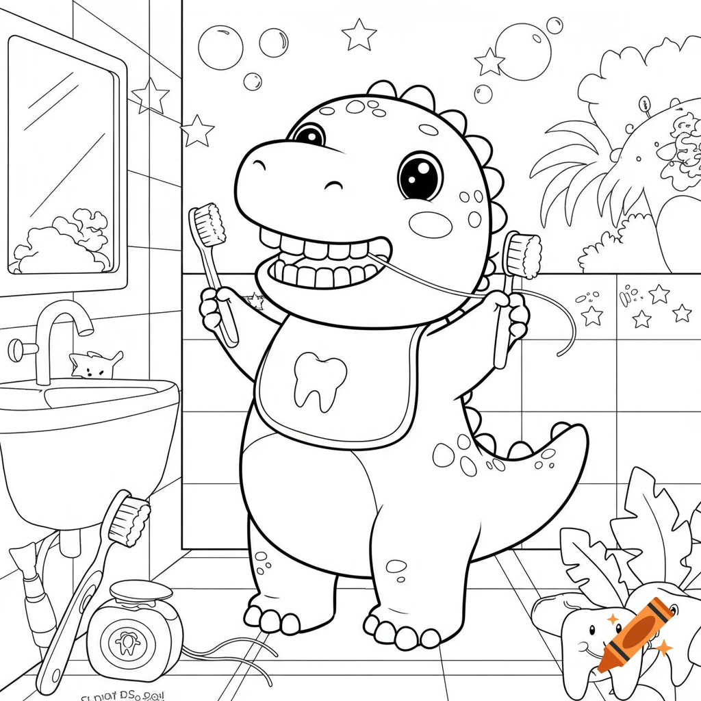 A cute cartoon dinosaur in a bathroom, wearing a bib, happily brushing and flossing its teeth, in a black and white coloring page style.