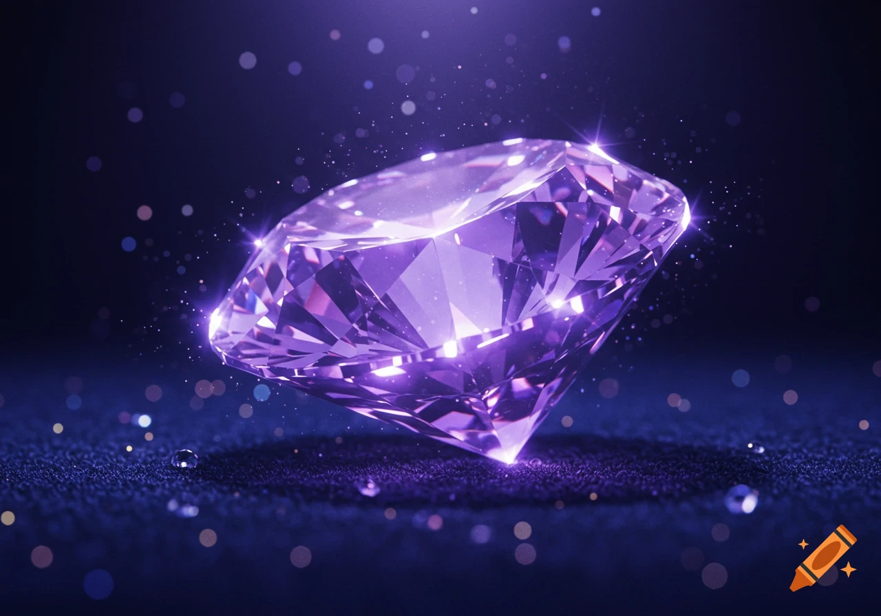 A sparkling purple diamond glows against a dark background with floating particles and light reflections.