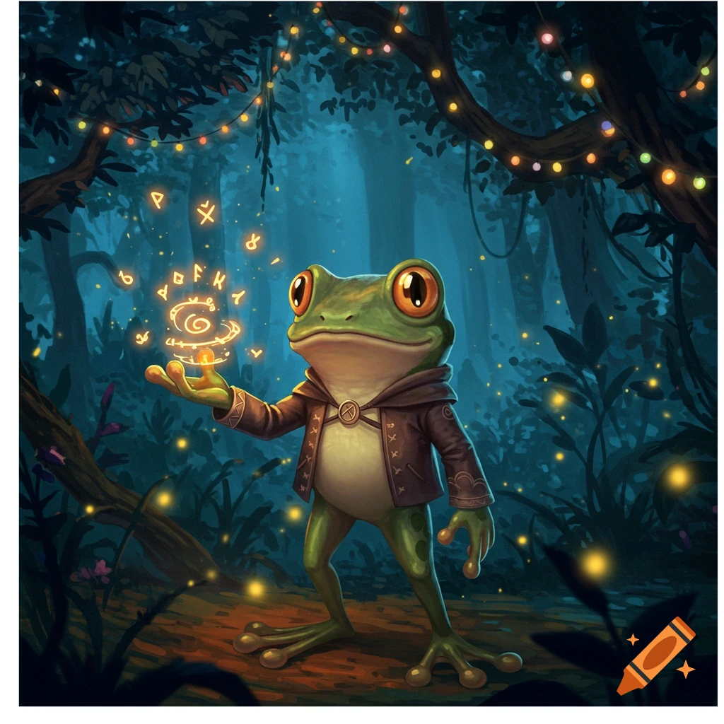 An anime-style frog wearing a brown jacket stands in a dark magical forest, casting glowing runes from its hand. Colorful fairy lights illuminate the trees.