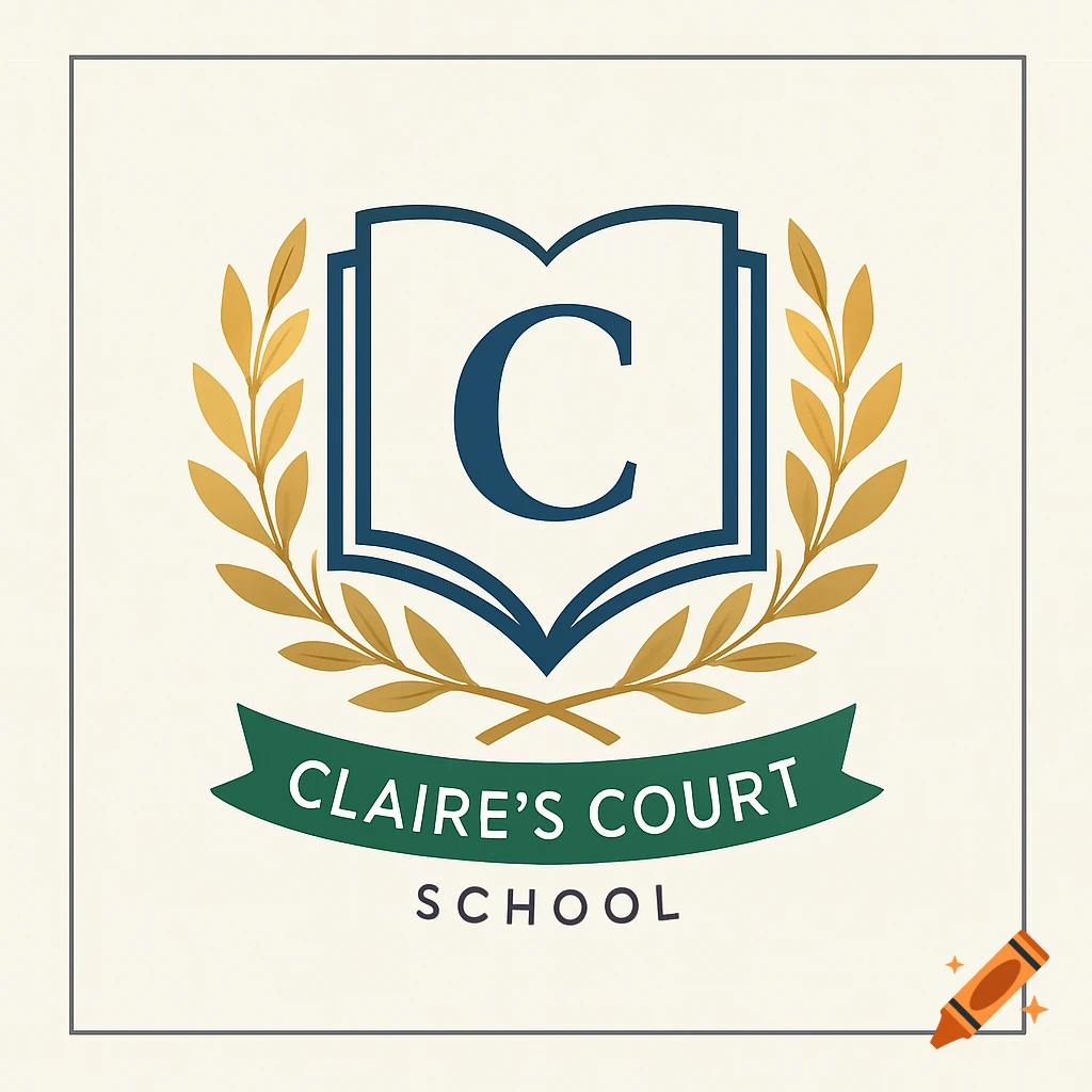 A well-designed school logo featuring an open book with a 'C', golden laurel wreaths, and a green banner reading "CLAIRE'S COURT SCHOOL".