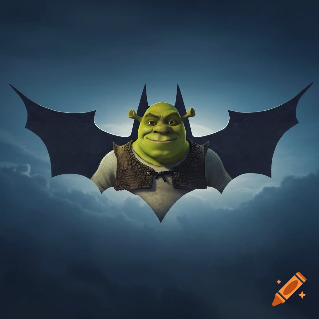 Shrek's head and torso emerge from dark clouds, forming the shape of the Batman symbol.