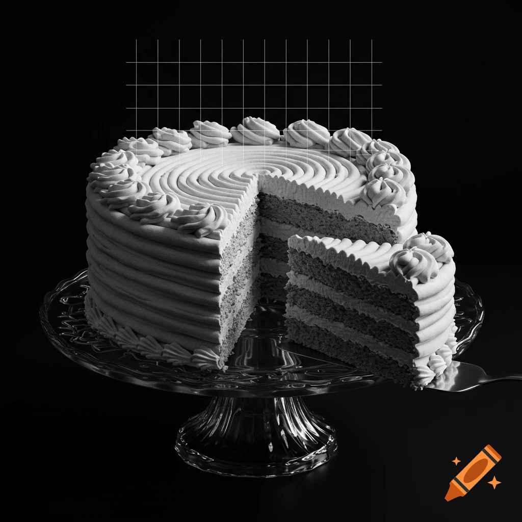 A black and white image of a multi-layered cake on a glass cake stand, with a slice removed and placed next to it. A subtle grid pattern overlays the top of the image.