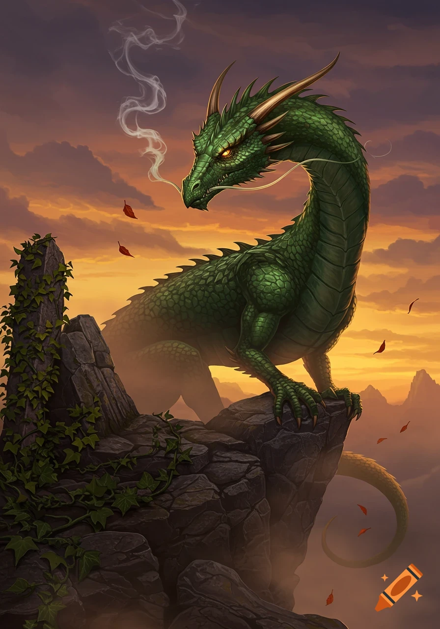 A majestic green dragon perches on a rocky cliff against a vibrant sunset sky, smoke curling from its snout.