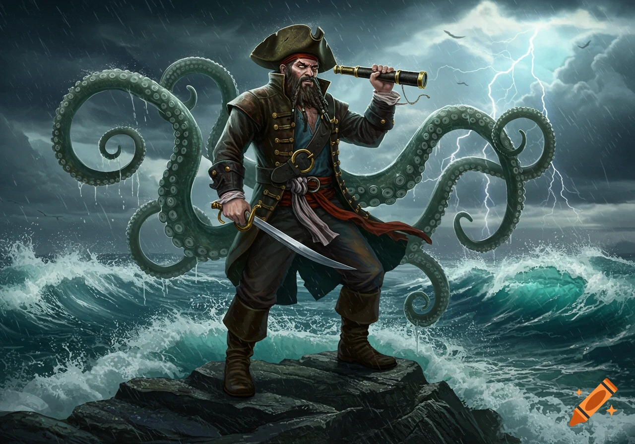 A bearded pirate stands on rocks in a stormy sea with giant octopus tentacles and lightning, holding a sword and spyglass.