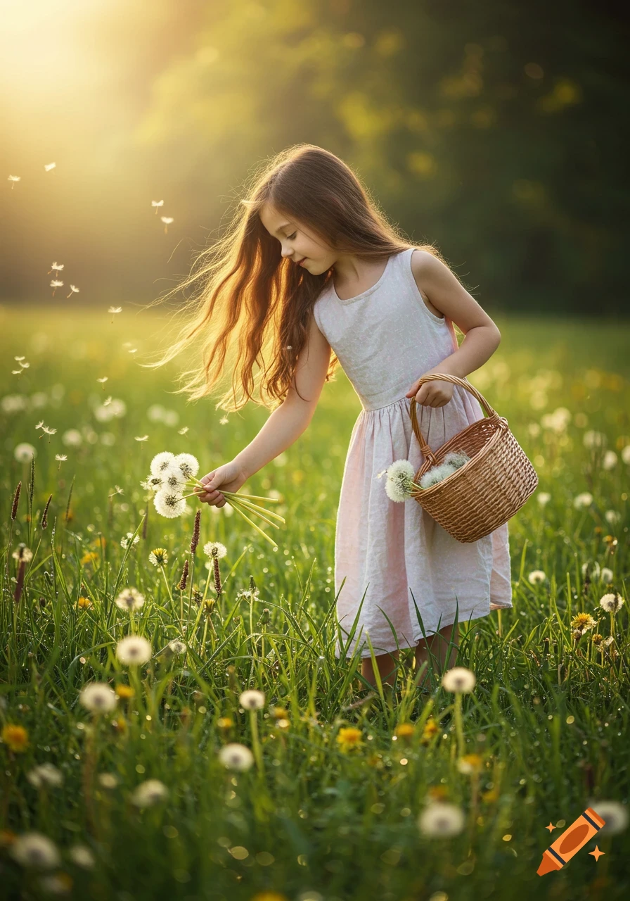 A photorealistic image of a young girl picking white dandelions in a sunny, grassy field, holding a basket, with seeds scattering.