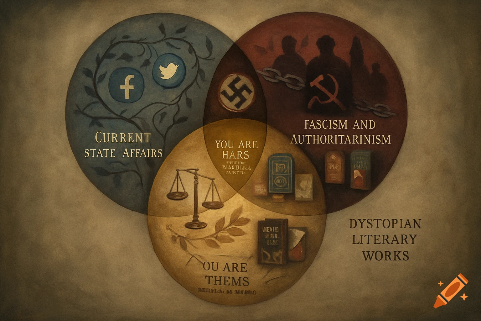An artistic Venn diagram illustrating the intersection of current state affairs, fascism and authoritarianism, and dystopian literary works.
