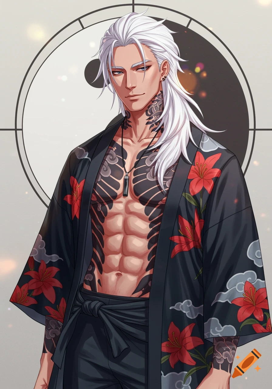 Anime-style man with white hair, torso tattoos, and an open black kimono with red lilies, in front of a Yin-Yang symbol.