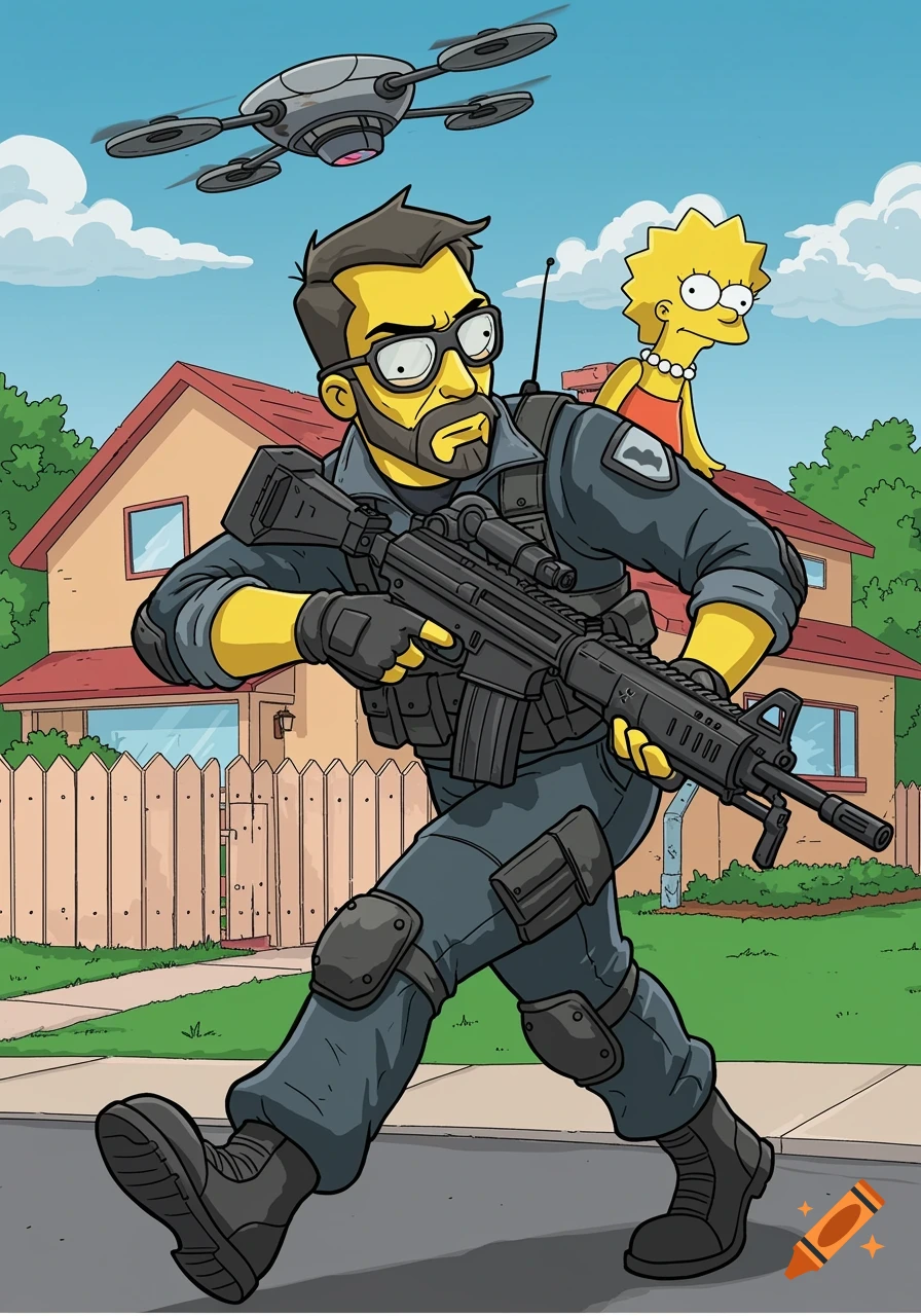 A male character similar to Thorn from Rainbow Six Siege, drawn in The Simpsons style, runs with a rifle in a street, with Lisa Simpson and a drone nearby.