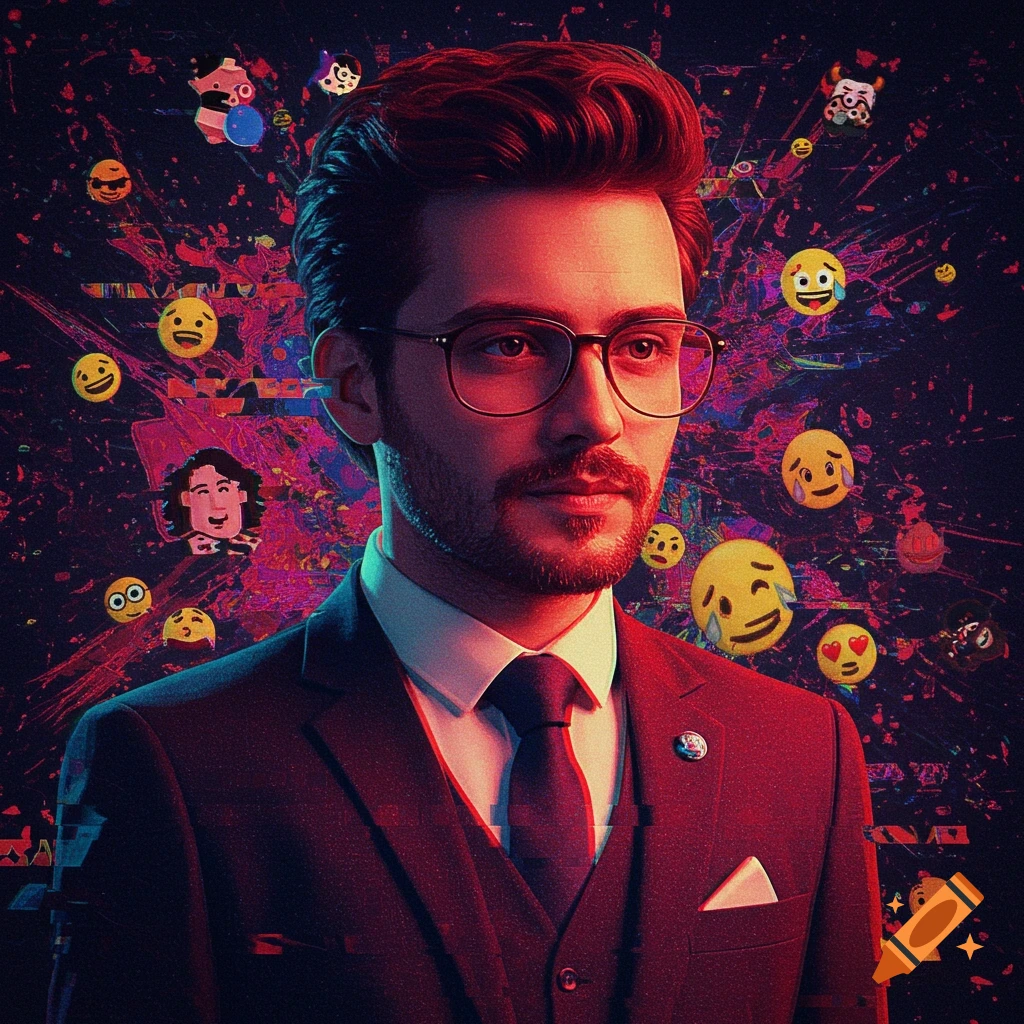A man in a suit and glasses with a red glow, surrounded by colorful emojis and abstract glitched patterns.