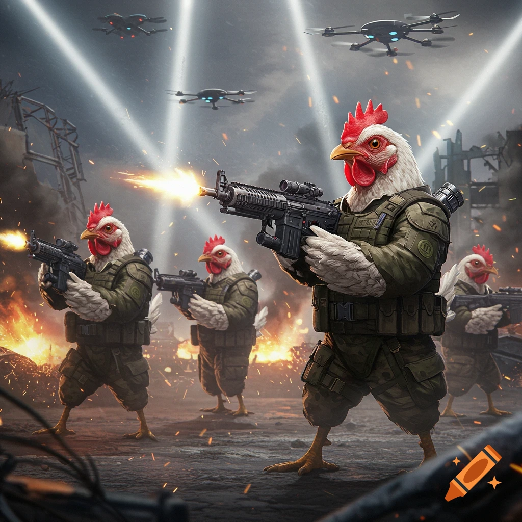 Anthropomorphic chickens in military gear firing rifles amidst explosions and drones in a war-torn landscape.